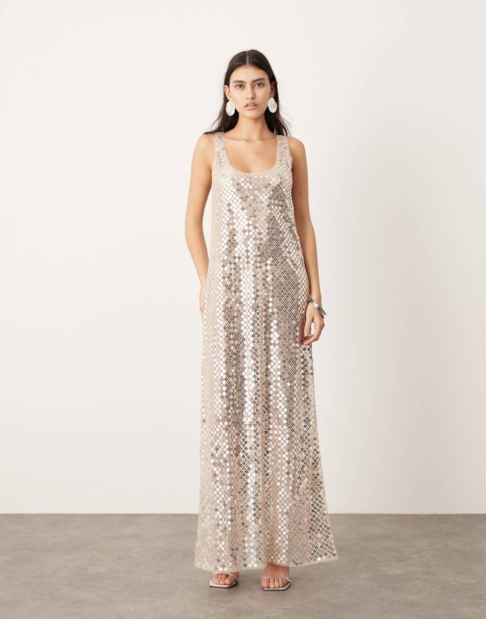 ASOS EDITION sheer disc sequin maxi raw edge tank dress in silver