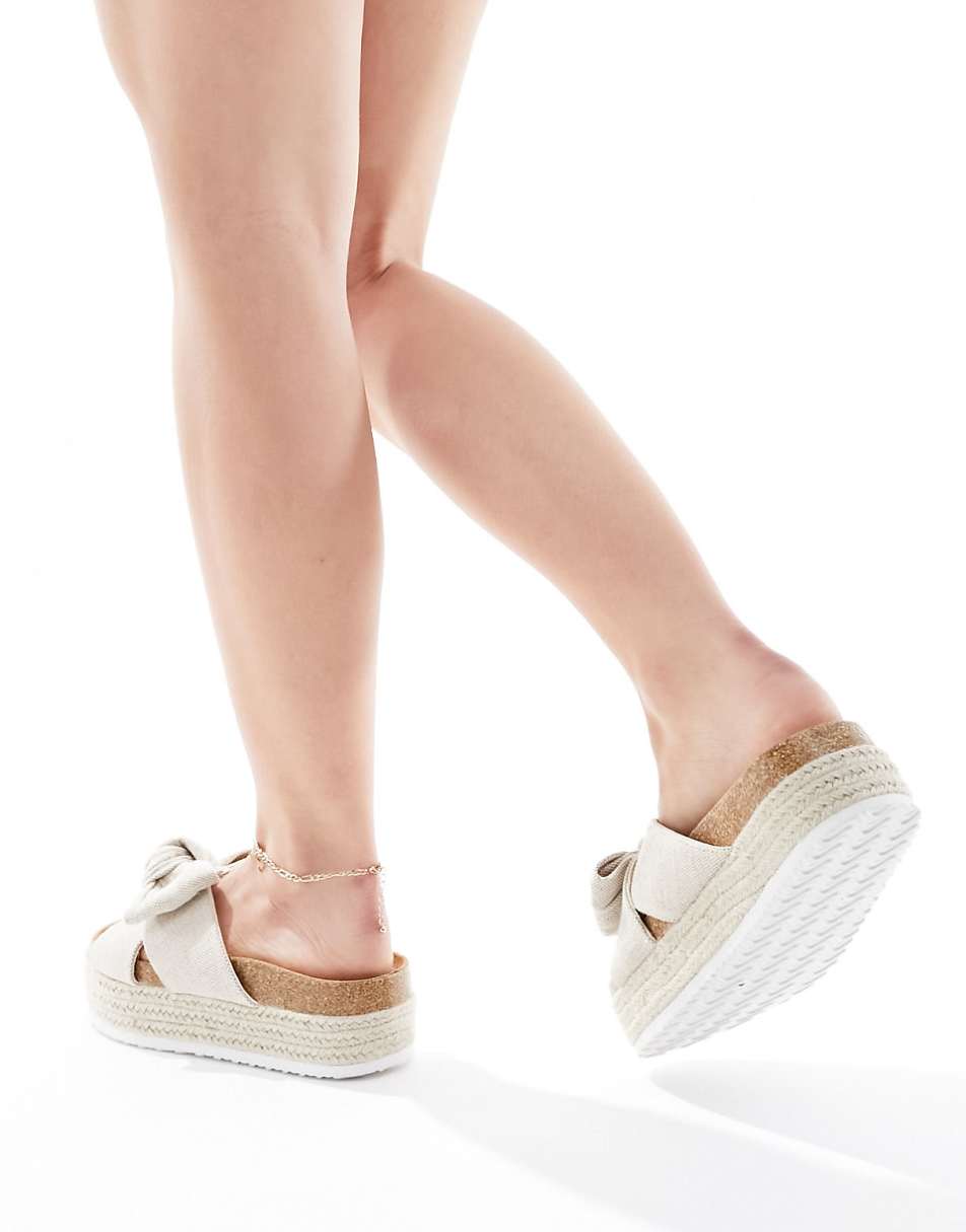 ASOS DESIGN Wide Fit Thankful bow detail flatform sandals in natural fabrication