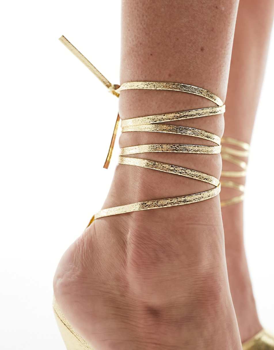 Public Desire Ronnie pointed heeled sandals with ankle tie in gold