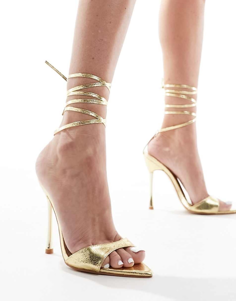 Public Desire Ronnie pointed heeled sandals with ankle tie in gold