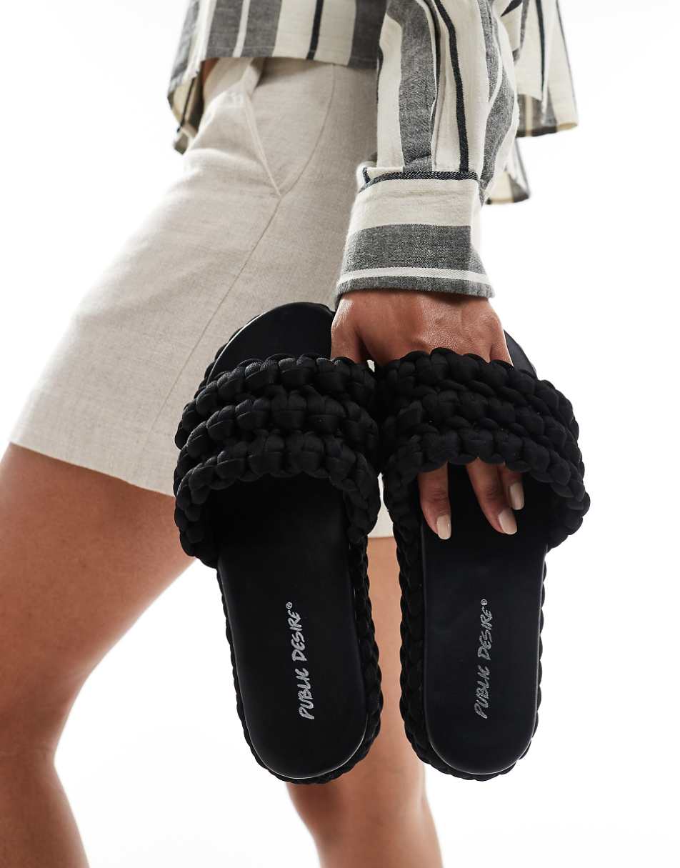 Public Desire Hattie woven flat slides in black