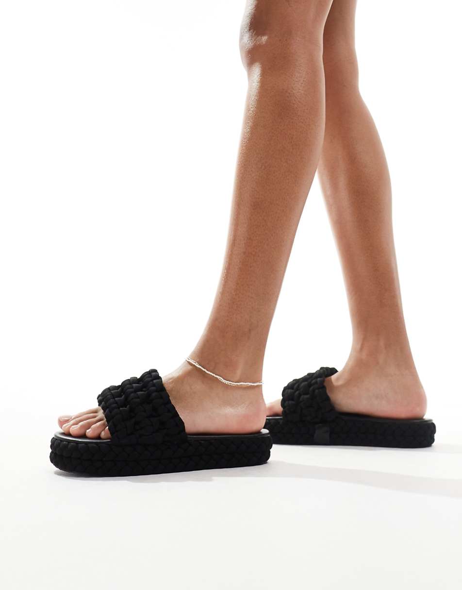 Public Desire Hattie woven flat slides in black