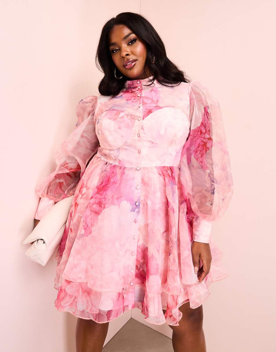 ASOS LUXE Curve organza swing dress with pussybow in floral print