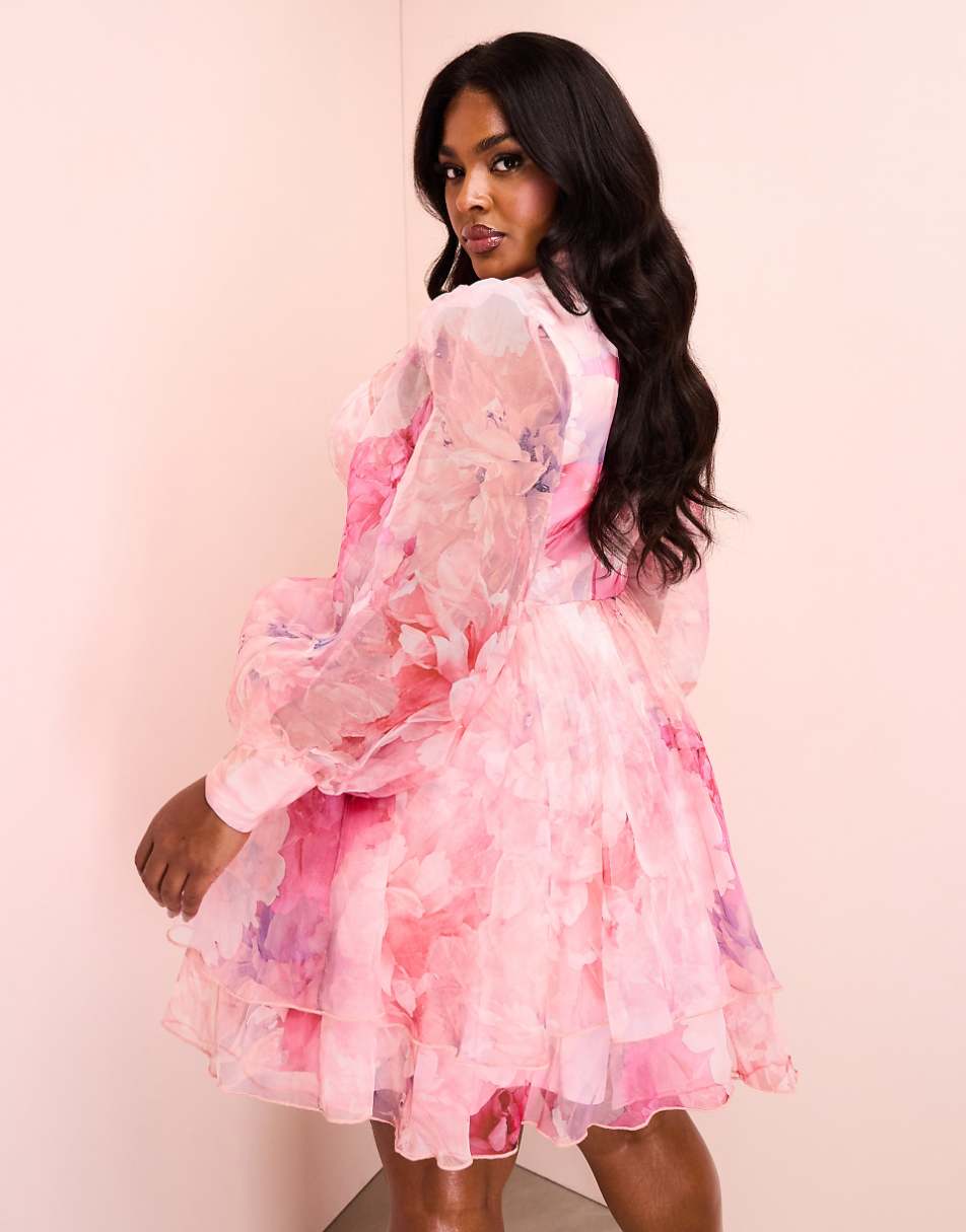 ASOS LUXE Curve organza swing dress with pussybow in floral print