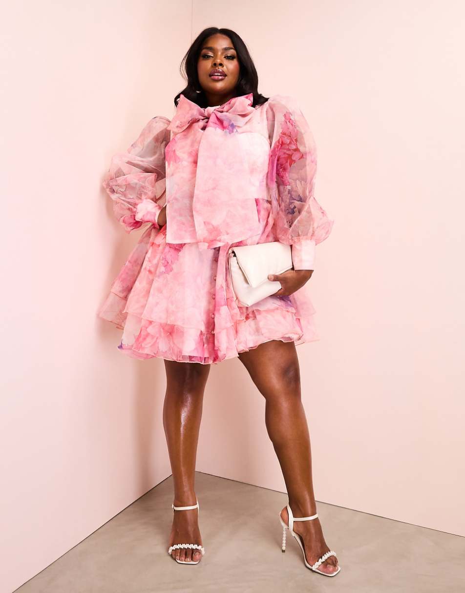 ASOS LUXE Curve organza swing dress with pussybow in floral print