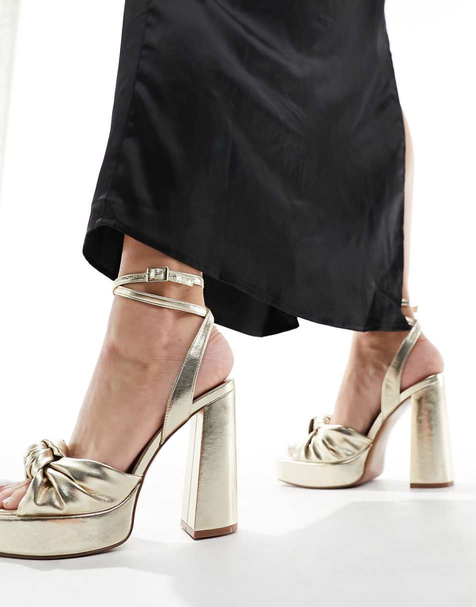 ASOS DESIGN Nikita knotted platform block heel sandals in gold