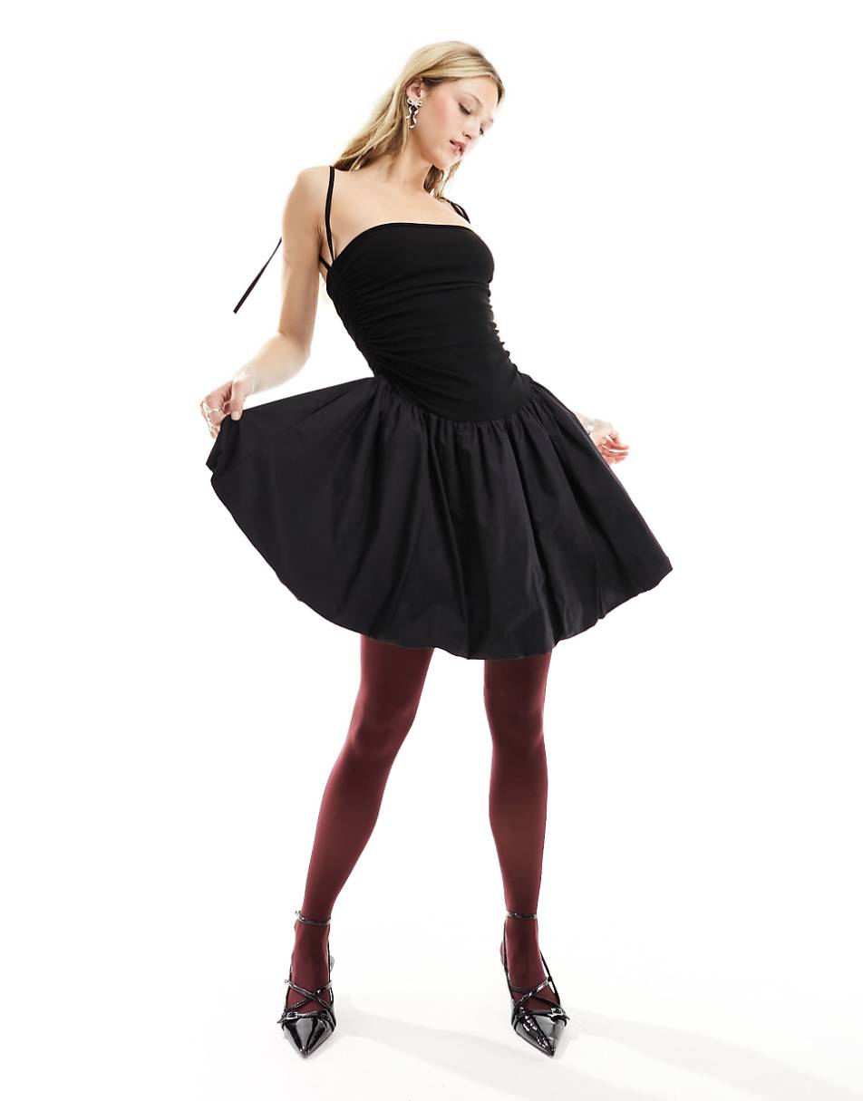 Amy Lynn Alexa shoulder tie puffball mini dress in black