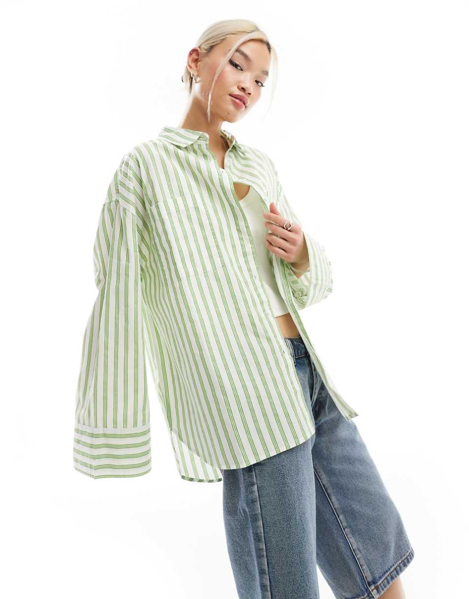 COLLUSION poplin oversized shirt in green stripe