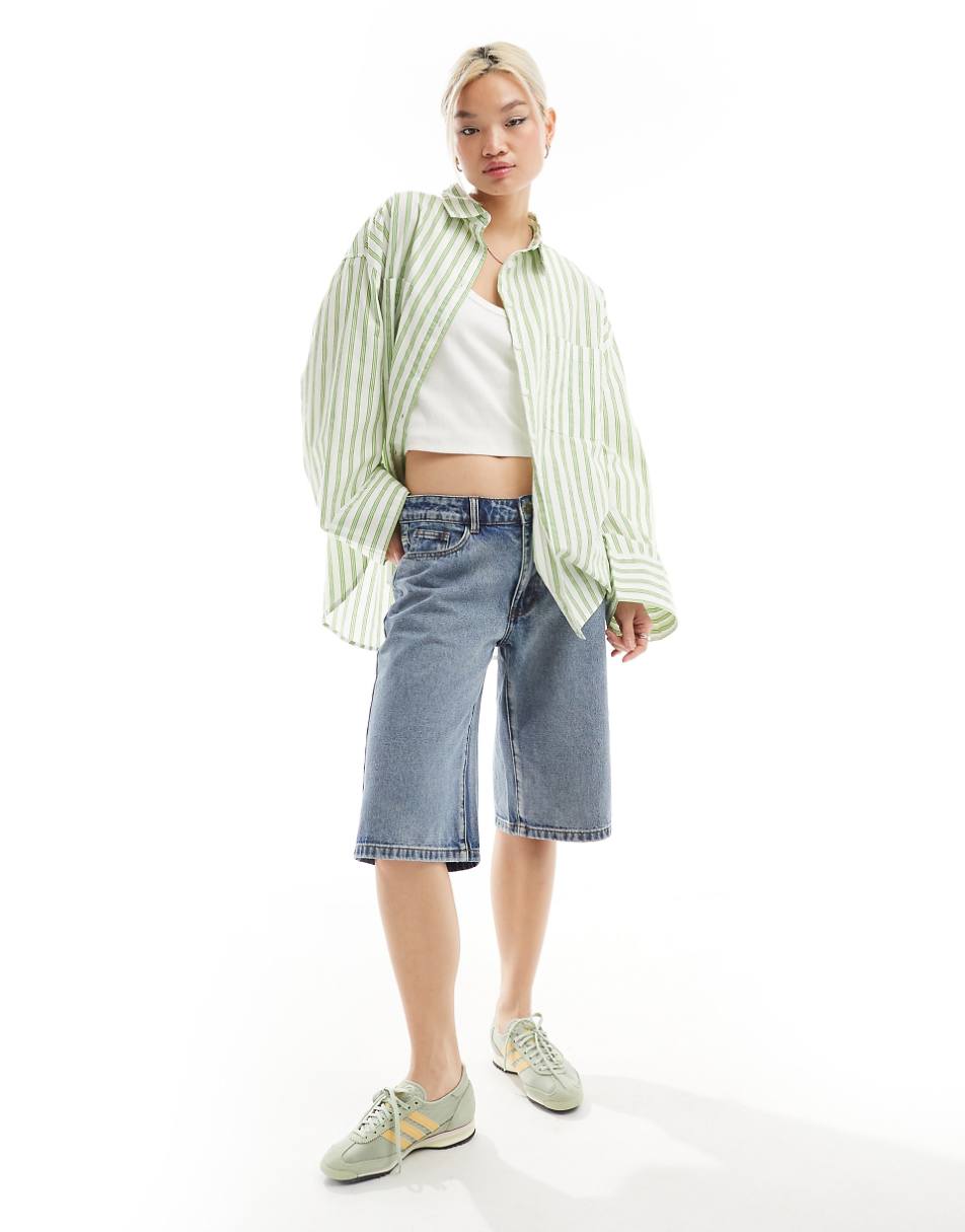 COLLUSION poplin oversized shirt in green stripe