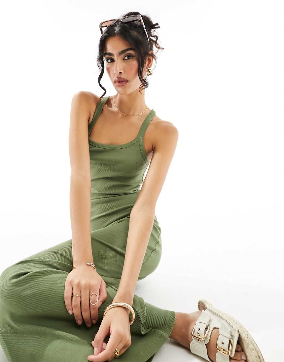 ASOS DESIGN ribbed strappy square neck midaxi dress in khaki