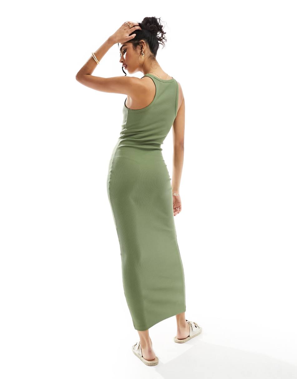 ASOS DESIGN ribbed strappy square neck midaxi dress in khaki