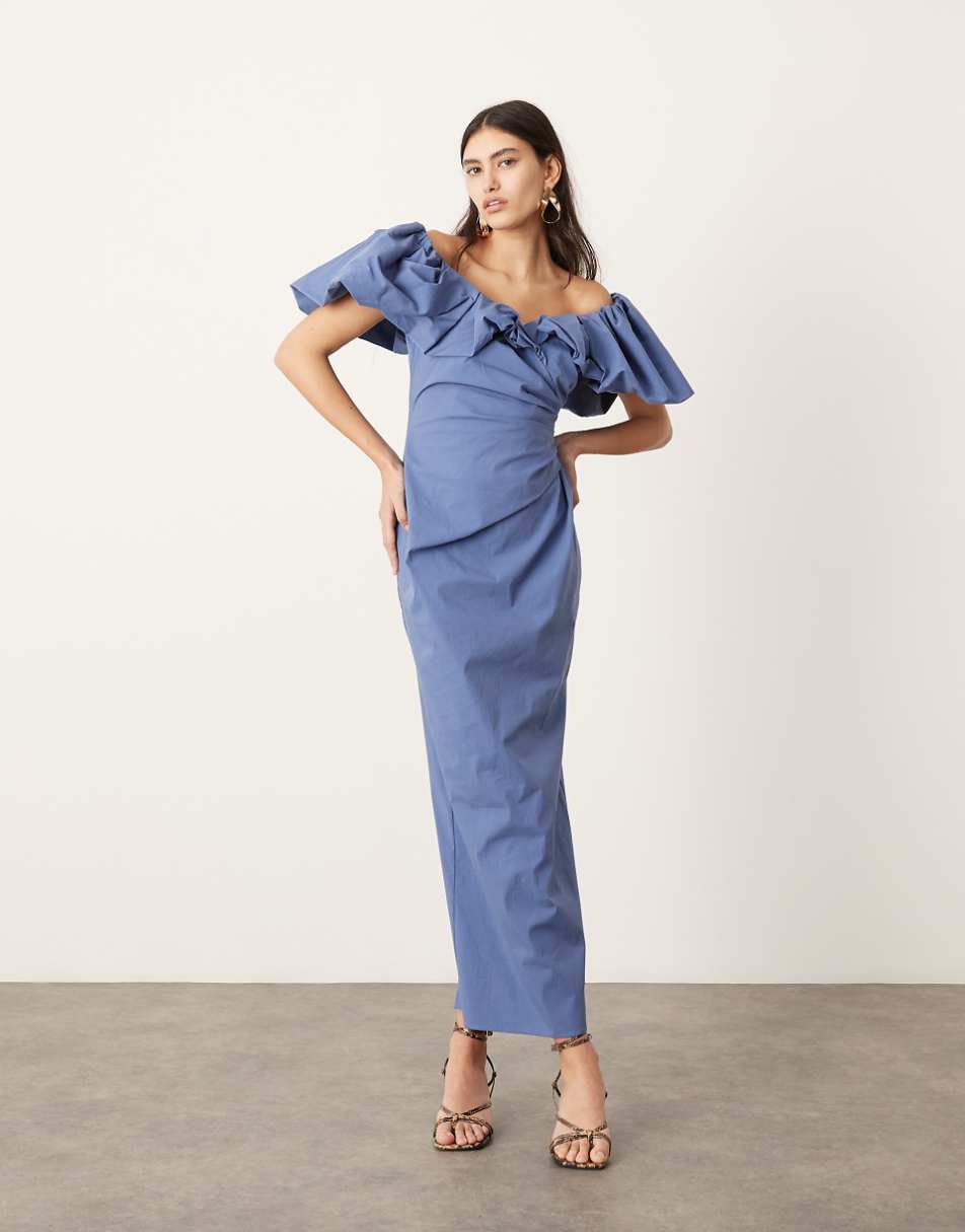 ASOS EDITION off the shoulder ruched puff sleeve maxi dress in blue