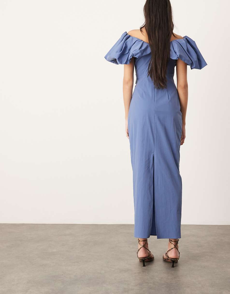ASOS EDITION off the shoulder ruched puff sleeve maxi dress in blue