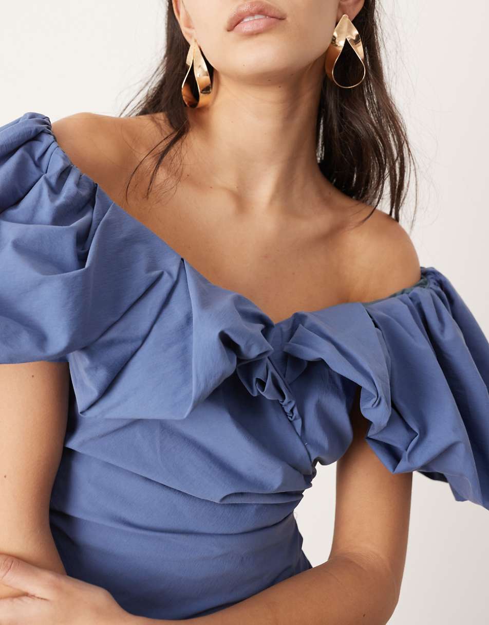 ASOS EDITION off the shoulder ruched puff sleeve maxi dress in blue