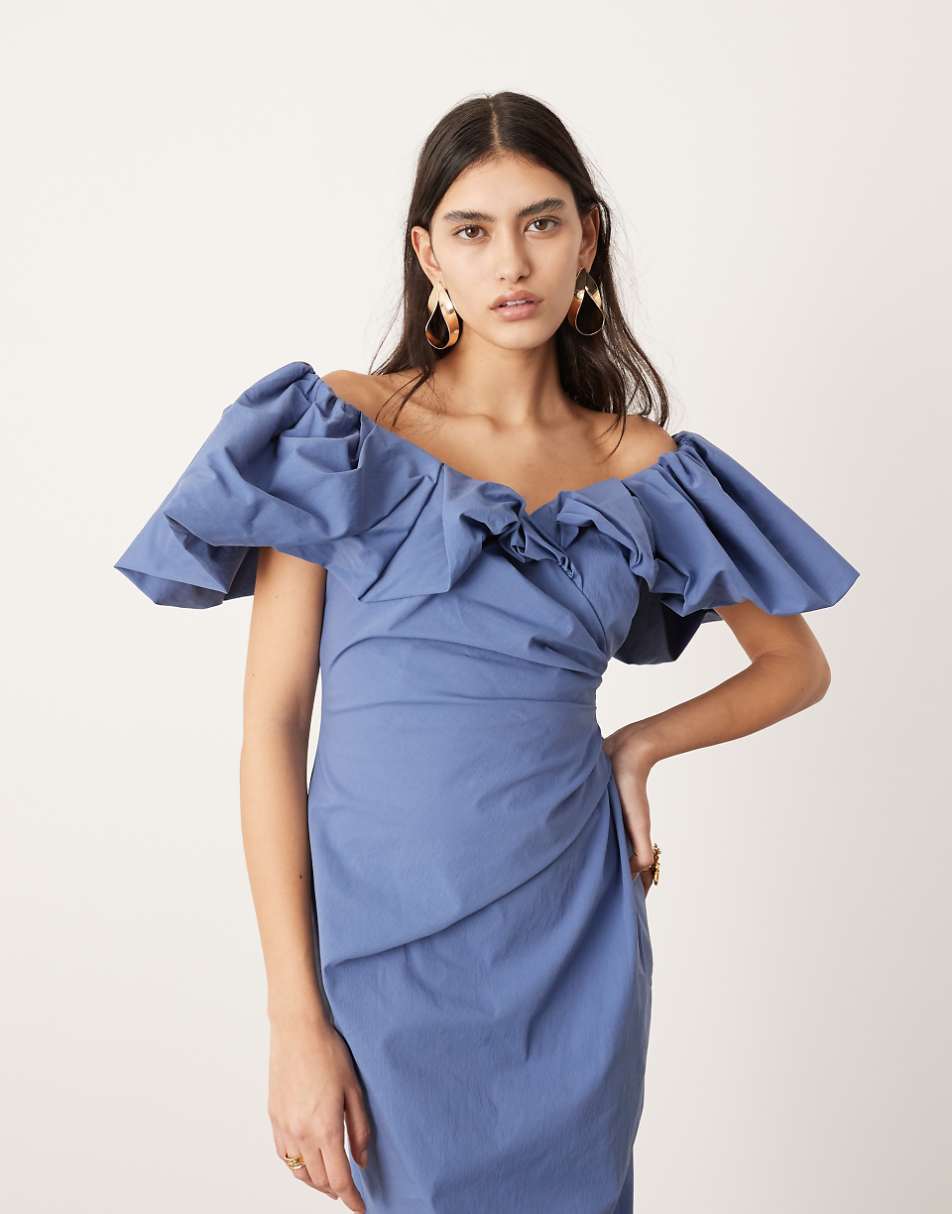 ASOS EDITION off the shoulder ruched puff sleeve maxi dress in blue