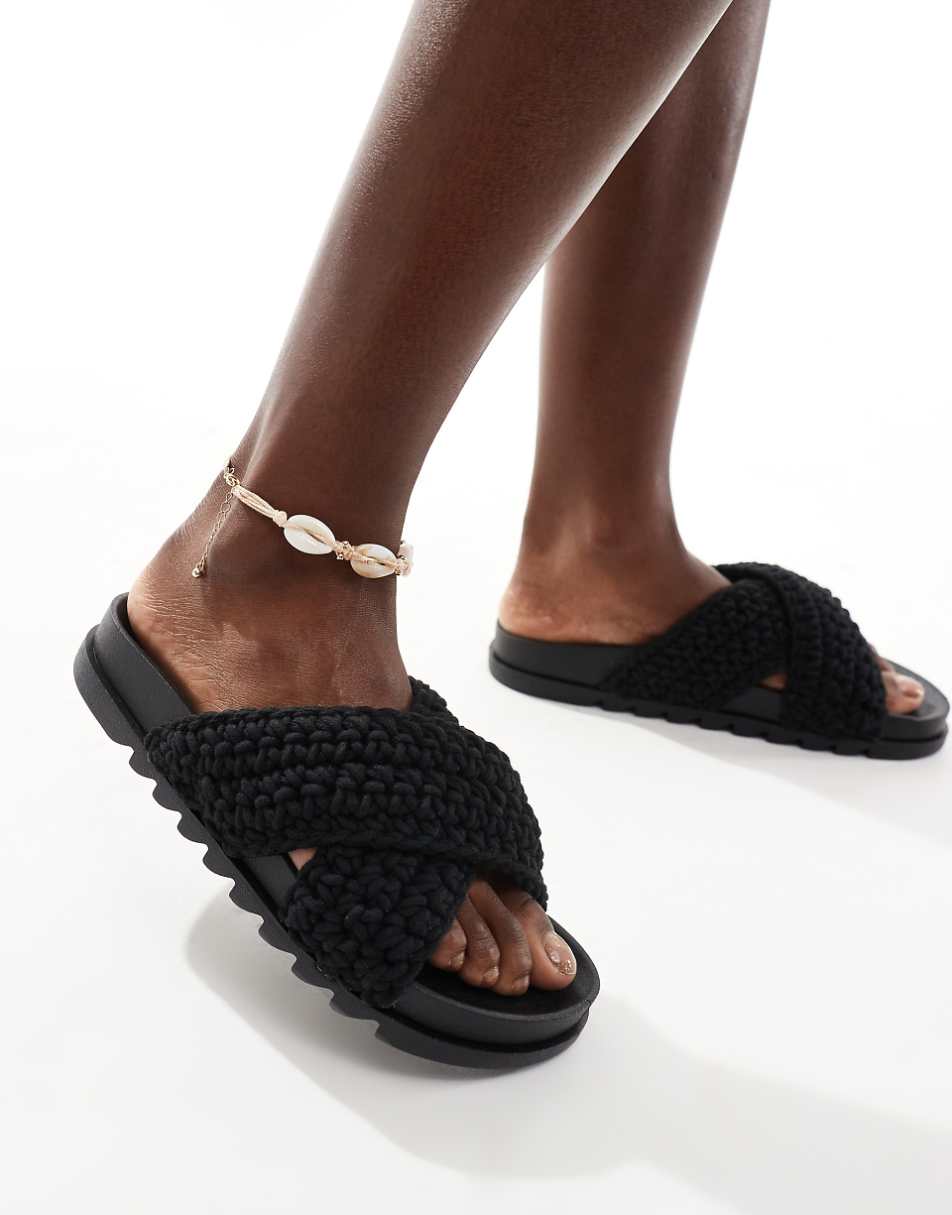 Glamorous cross strap crochet slides in black