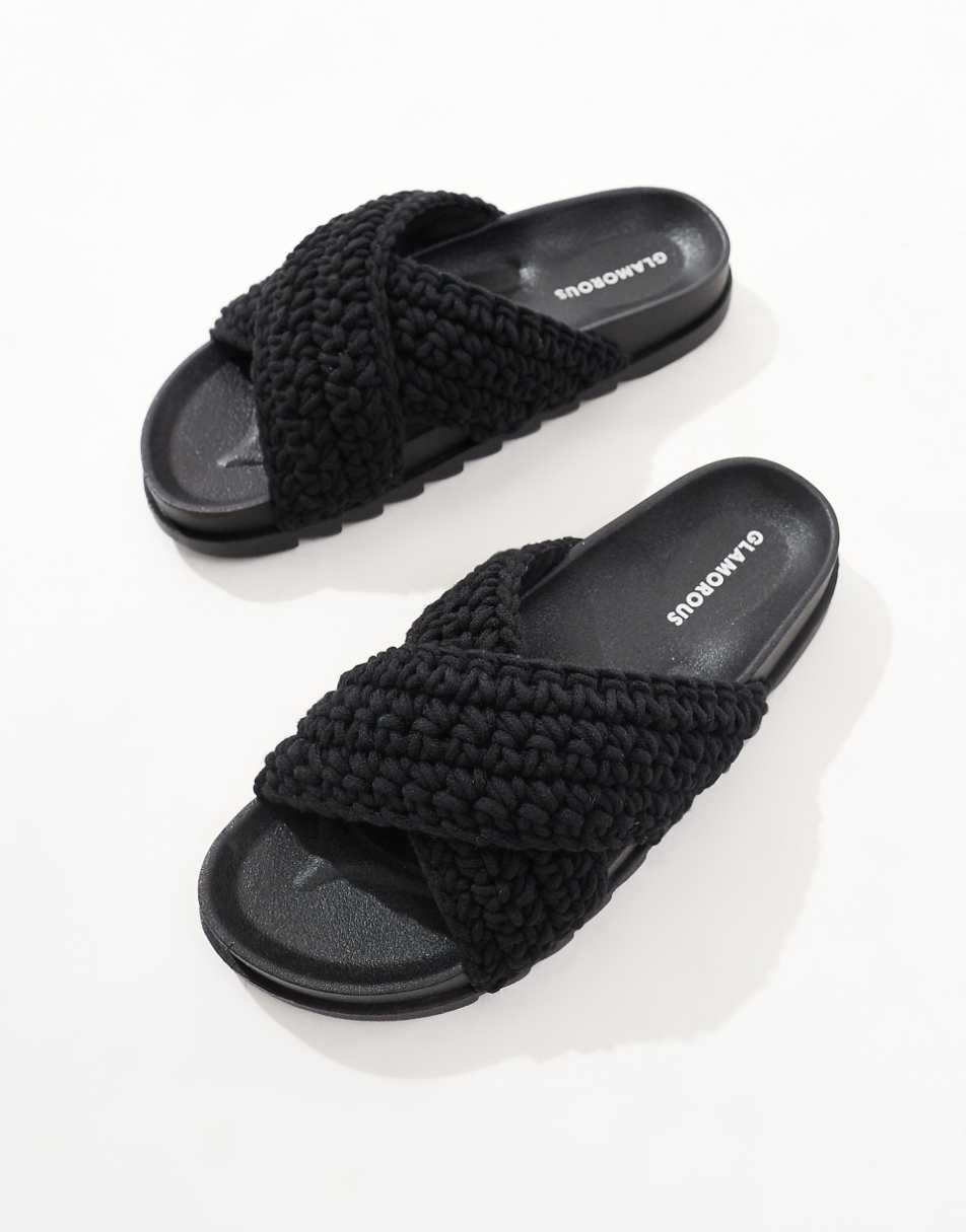 Glamorous cross strap crochet slides in black