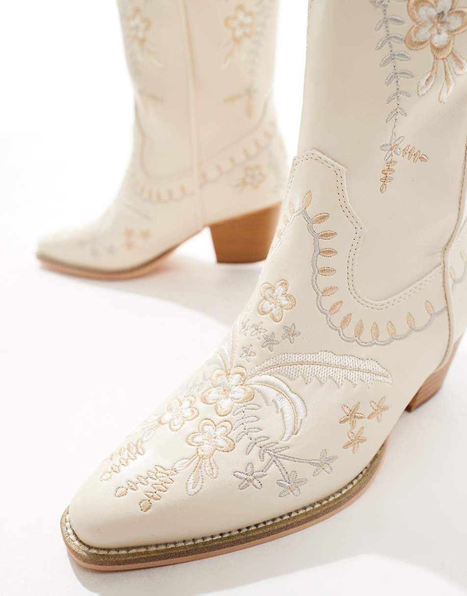 Glamorous Wide Fit embroidered western boots in cream