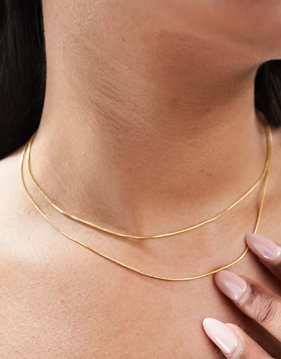ASOS DESIGN waterproof stainless steel multirow necklace in fine snake chain in gold tone