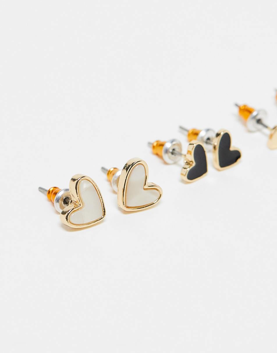 ASOS DESIGN pack of 3 stud earrings with faux pearl and black enamel heart design in gold tone