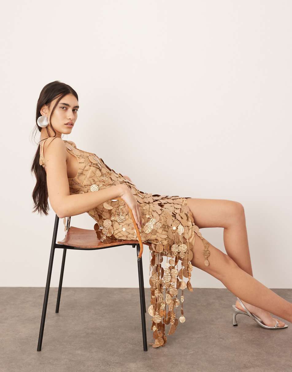 ASOS EDITION sheer lattice sequin asymmetric mini dress with fringe hem in bronze