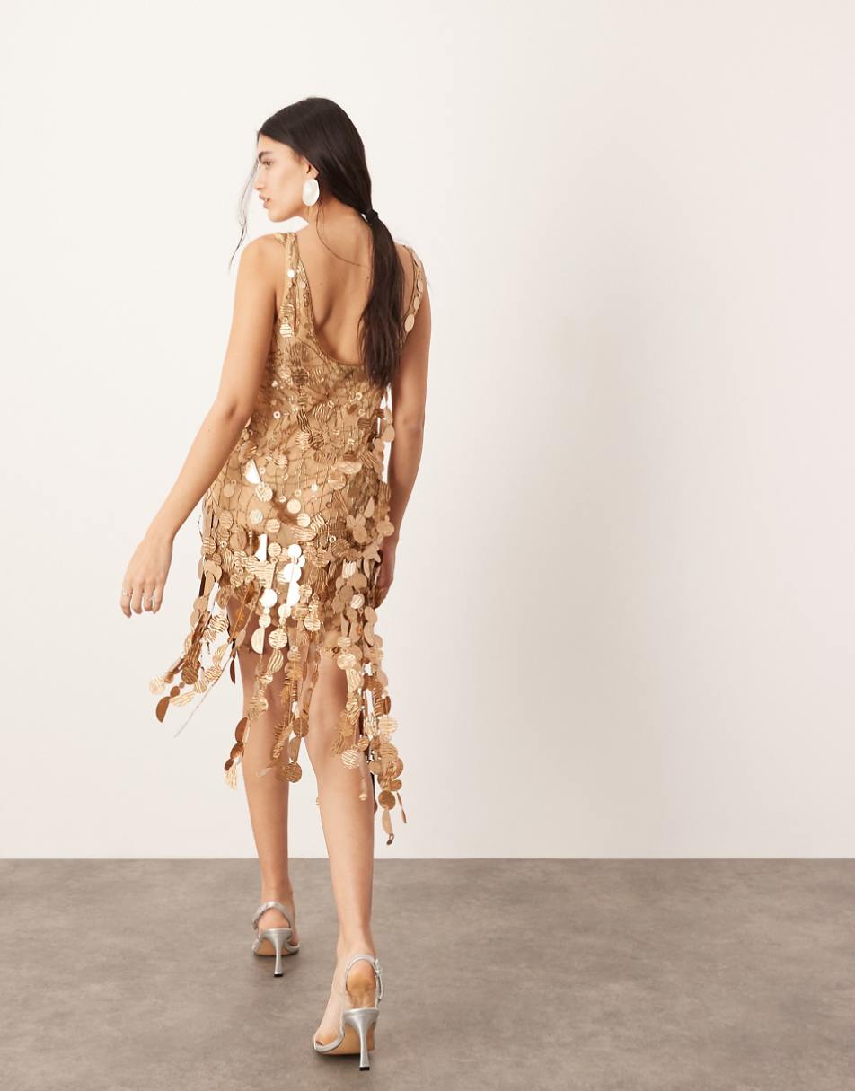 ASOS EDITION sheer lattice sequin asymmetric mini dress with fringe hem in bronze