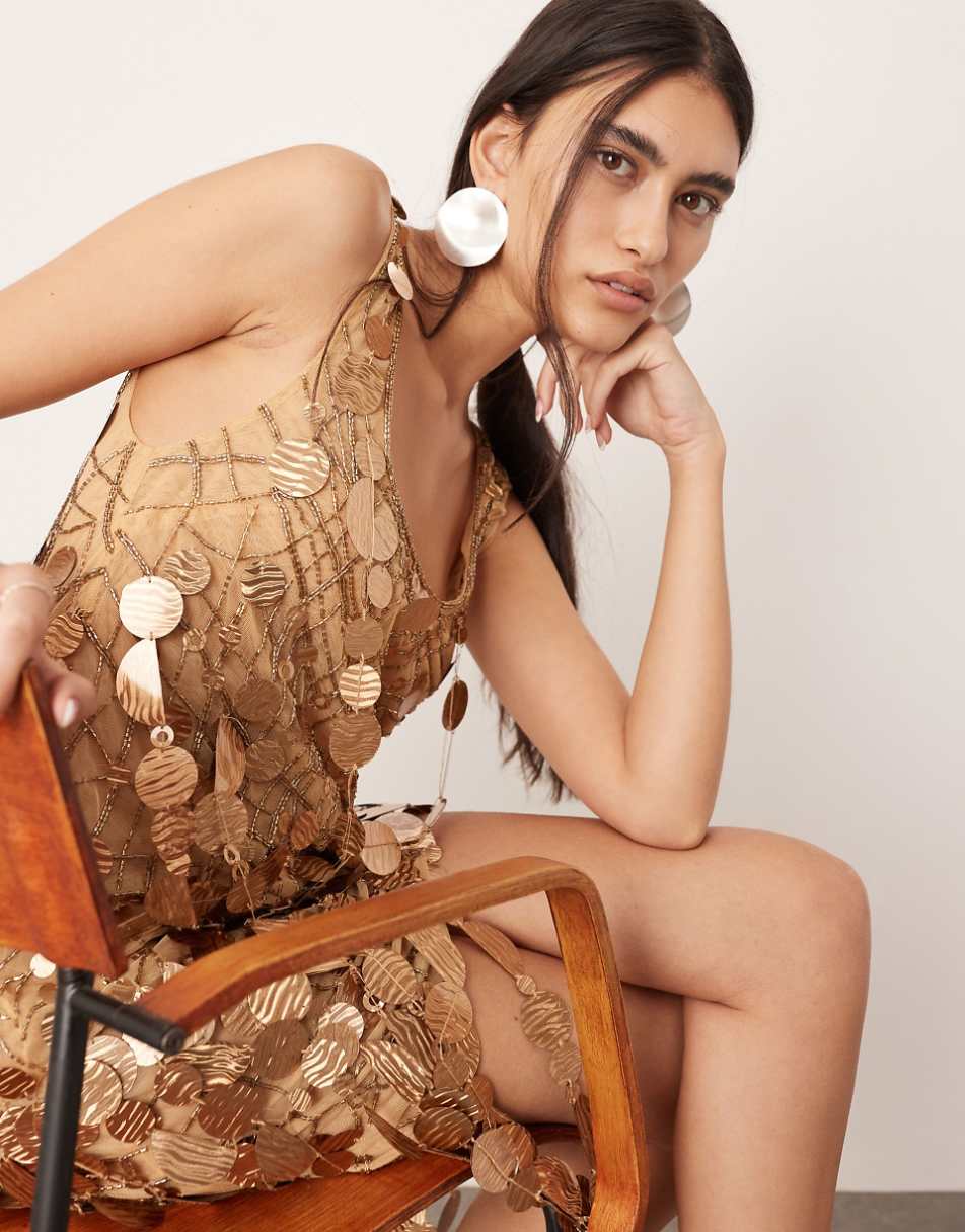 ASOS EDITION sheer lattice sequin asymmetric mini dress with fringe hem in bronze