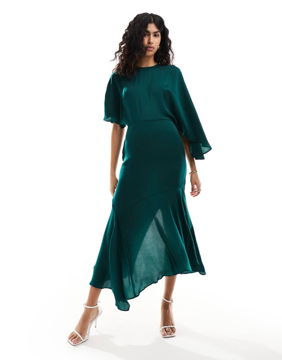 ASOS DESIGN satin flutter sleeve asymmetric hem midi dress in pine blue