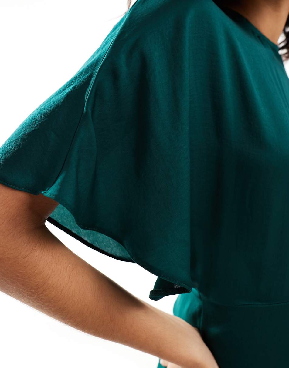 ASOS DESIGN satin flutter sleeve asymmetric hem midi dress in pine blue