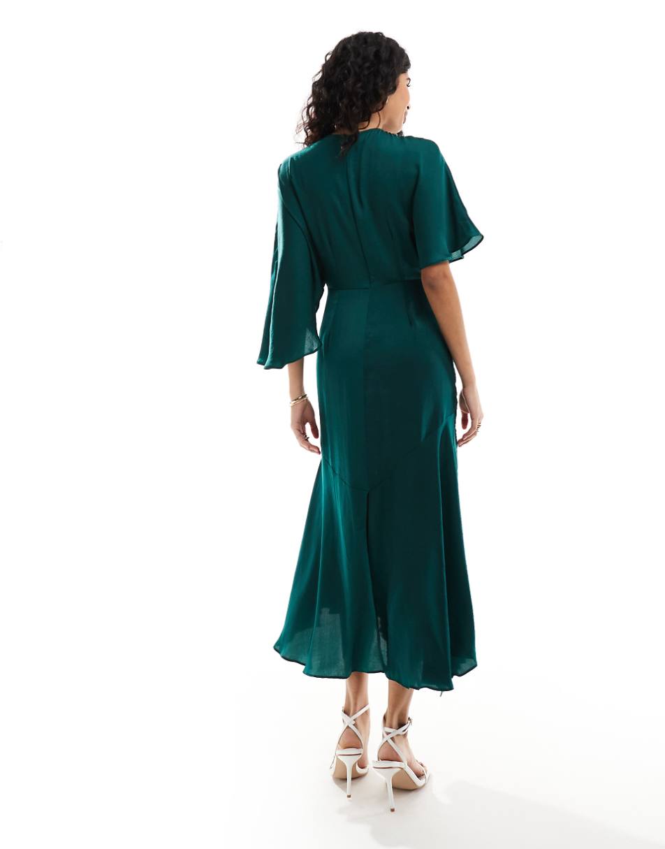 ASOS DESIGN satin flutter sleeve asymmetric hem midi dress in pine blue