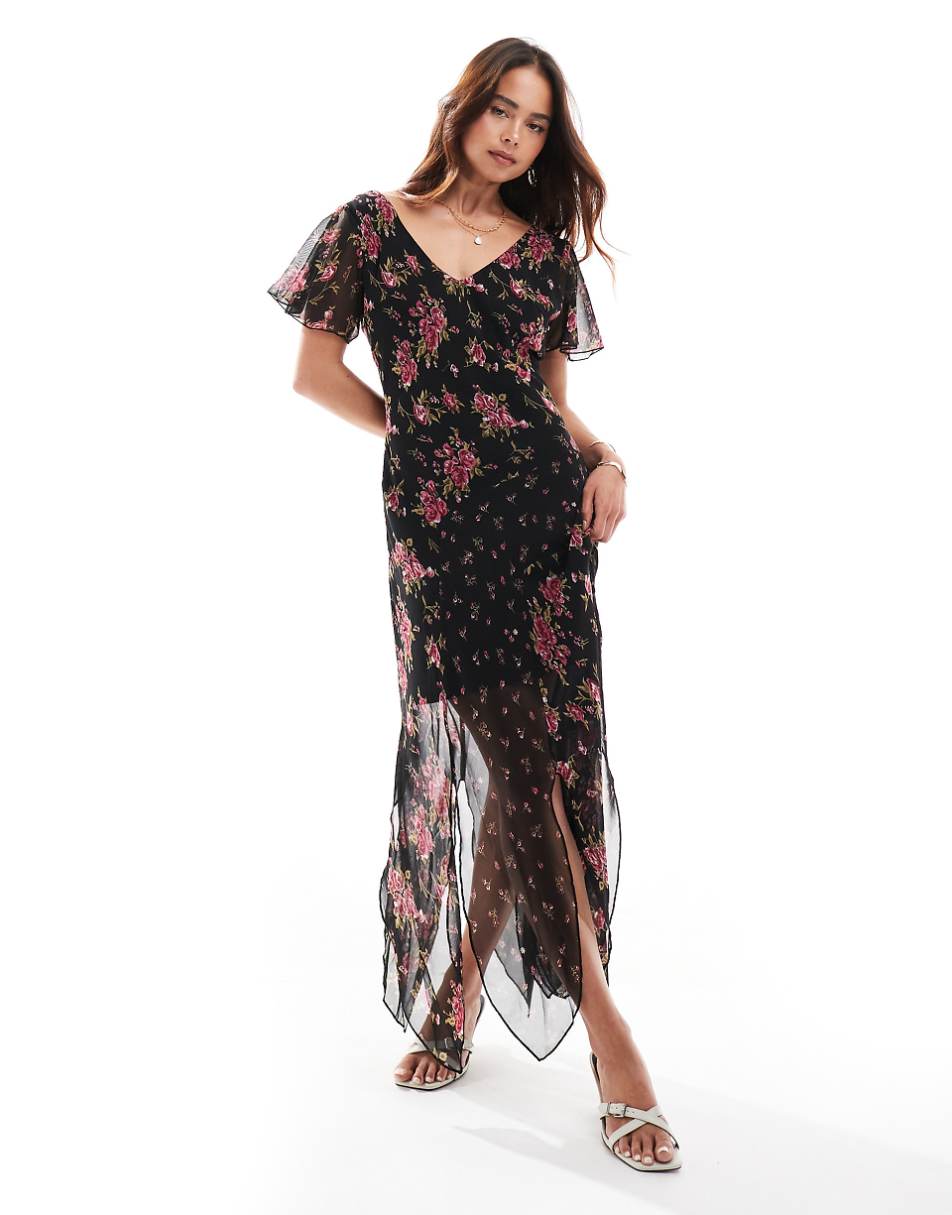 ASOS DESIGN V neck tendril midi dress in black floral print