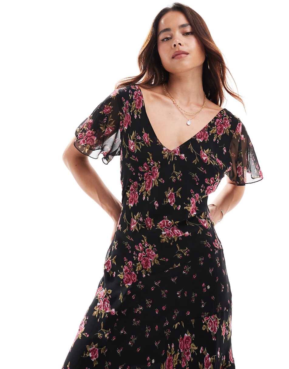ASOS DESIGN V neck tendril midi dress in black floral print