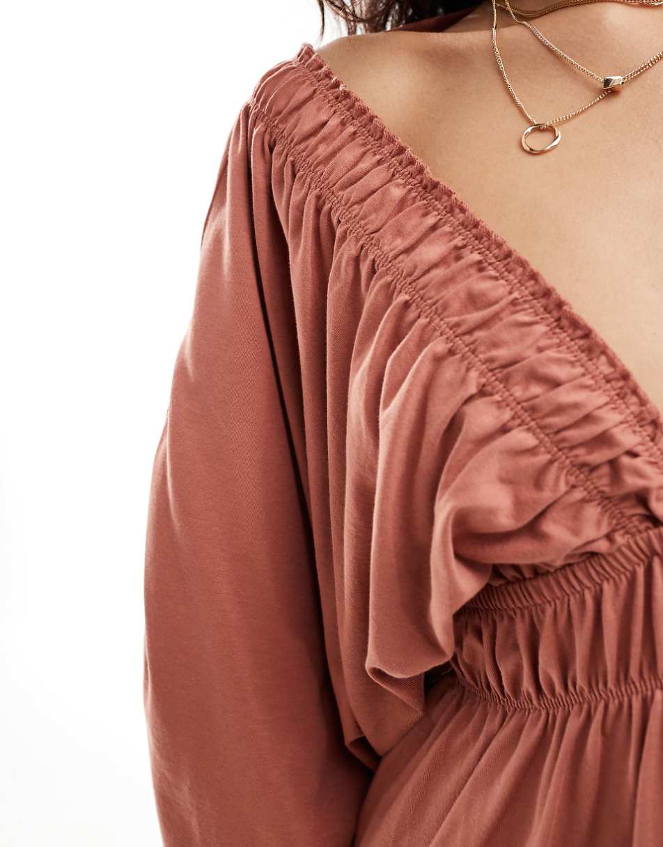 ASOS DESIGN plunge elastic tea maxi dress with ruched waist in rust