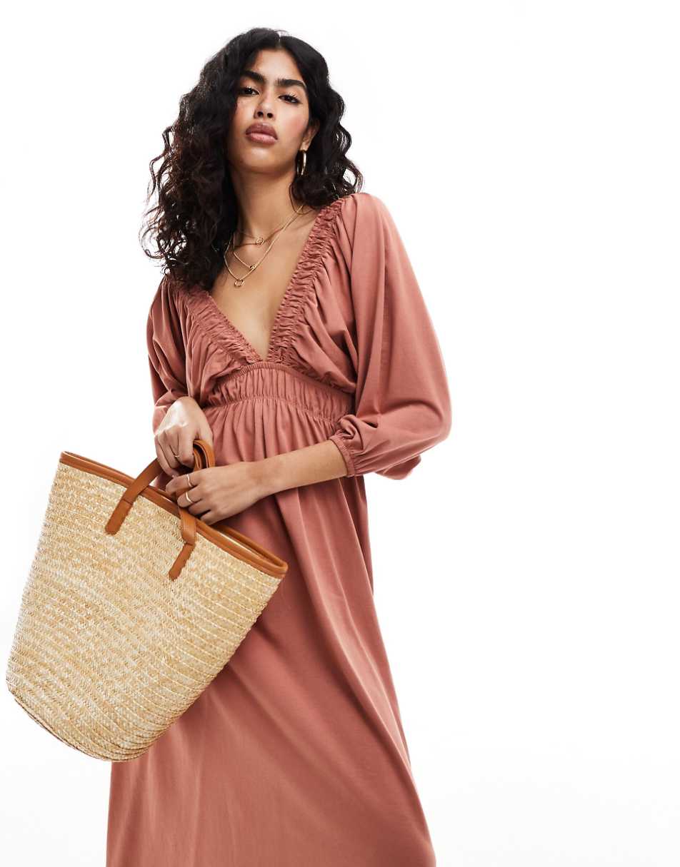 ASOS DESIGN plunge elastic tea maxi dress with ruched waist in rust