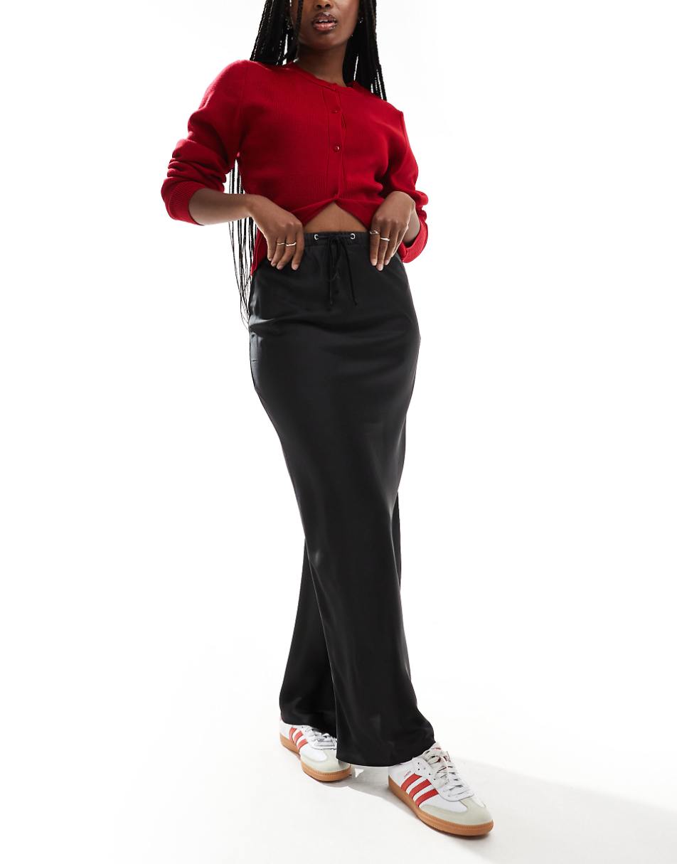 ASOS DESIGN satin bias maxi skirt with tie waist in black