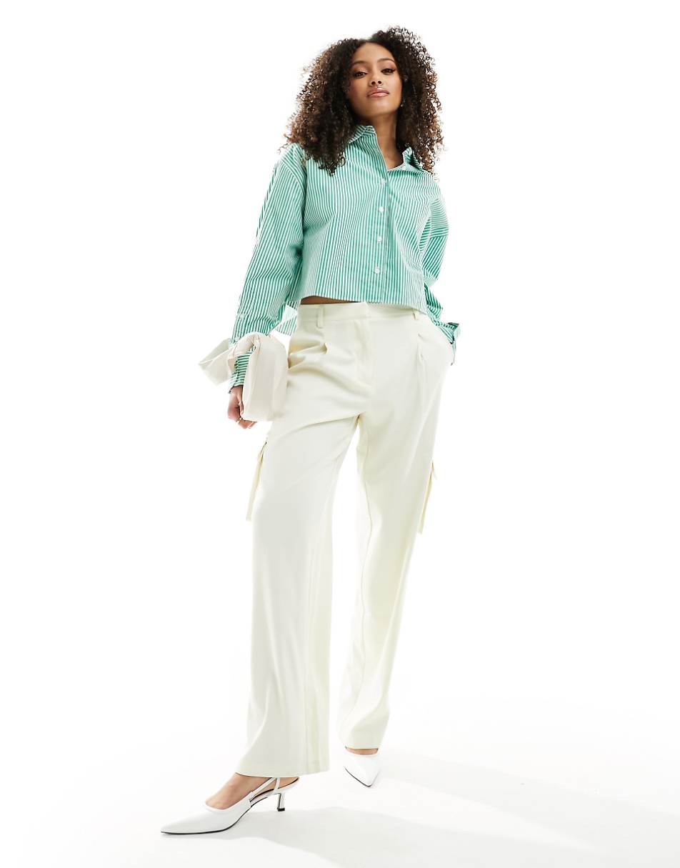 French Connection Alissa cropped shirt in green and cream stripes