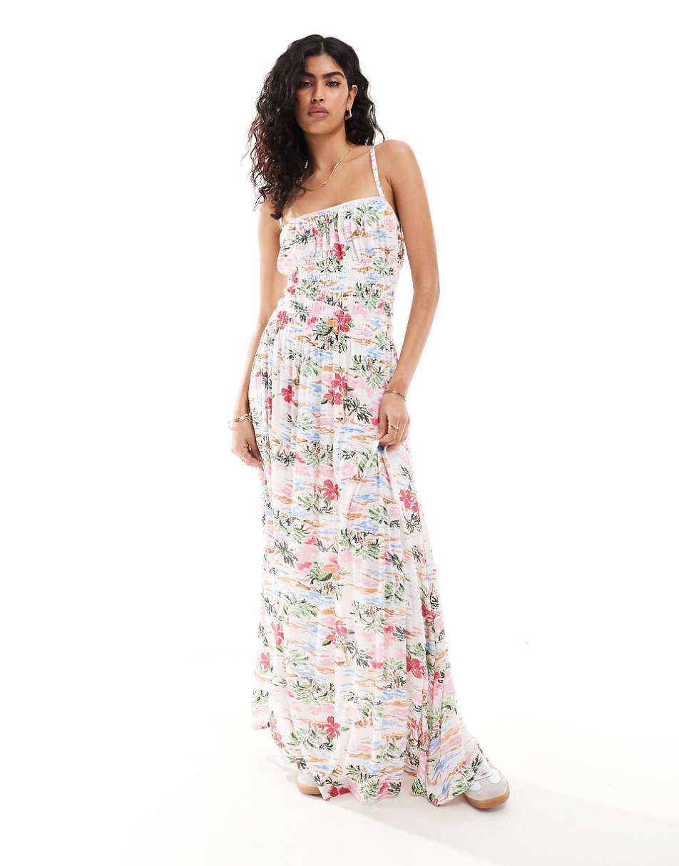 ASOS DESIGN square neck cami shirred bodice maxi dress in hawaiian print
