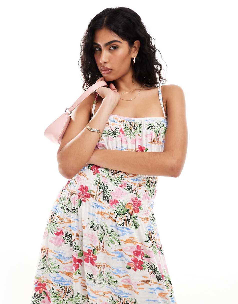 ASOS DESIGN square neck cami shirred bodice maxi dress in hawaiian print