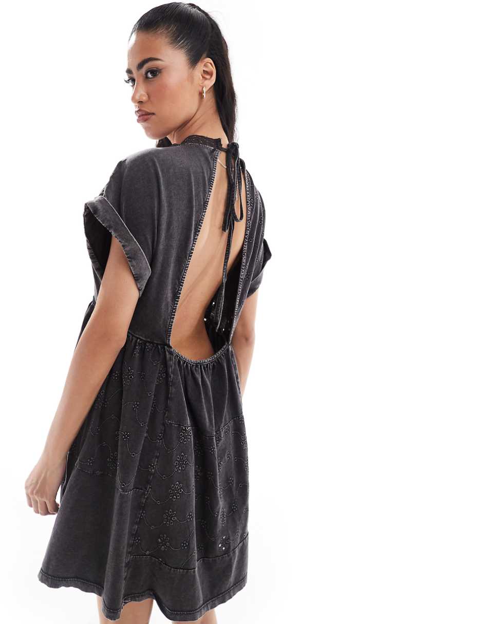 ASOS DESIGN v neck rolled up short sleeve mini dress with embroidery in charcoal wash