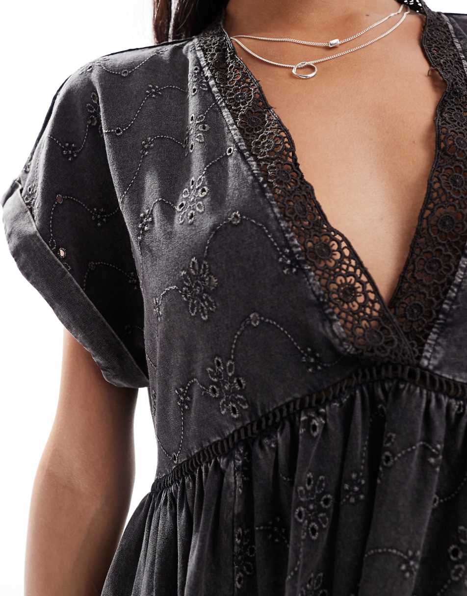 ASOS DESIGN v neck rolled up short sleeve mini dress with embroidery in charcoal wash