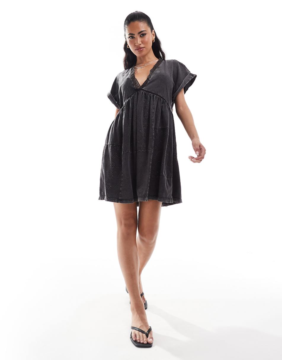 ASOS DESIGN v neck rolled up short sleeve mini dress with embroidery in charcoal wash