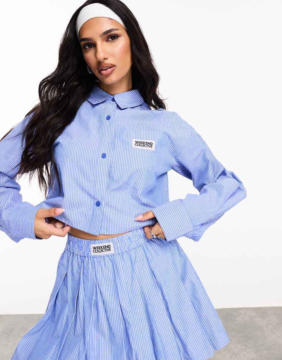 ASOS WEEKEND COLLECTIVE cropped shirt with woven label in blue stripe - part of a set