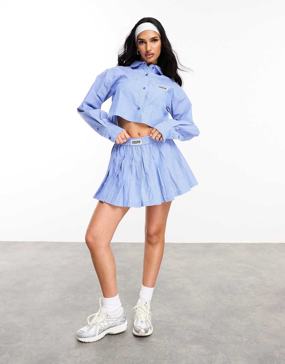 ASOS WEEKEND COLLECTIVE cropped shirt with woven label in blue stripe - part of a set