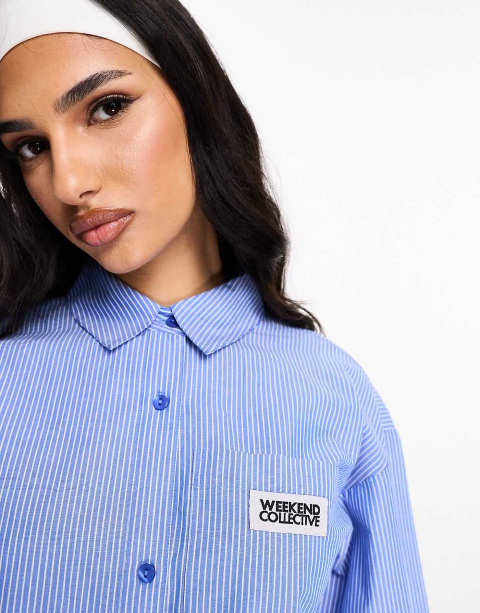 ASOS WEEKEND COLLECTIVE cropped shirt with woven label in blue stripe - part of a set