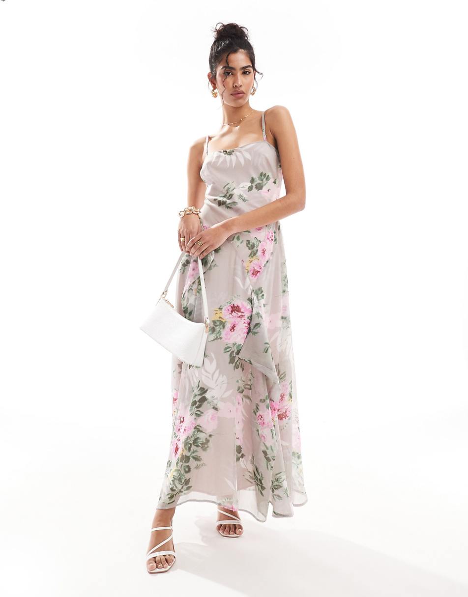 ASOS DESIGN square neck hi low hem slip midi dress in gray floral