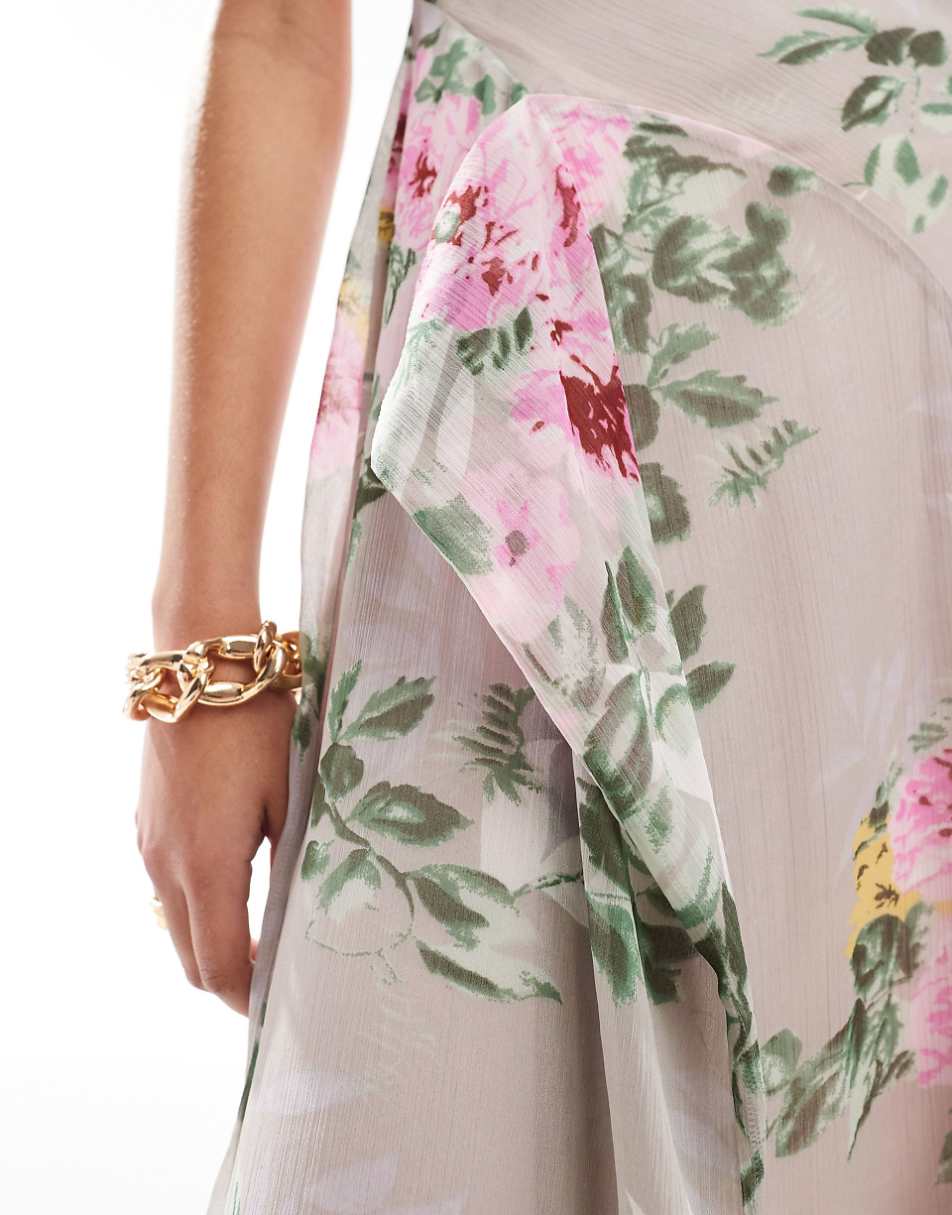 ASOS DESIGN square neck hi low hem slip midi dress in gray floral