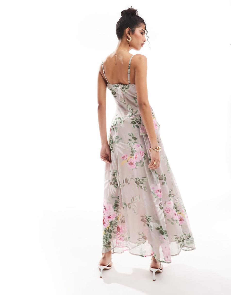 ASOS DESIGN square neck hi low hem slip midi dress in gray floral