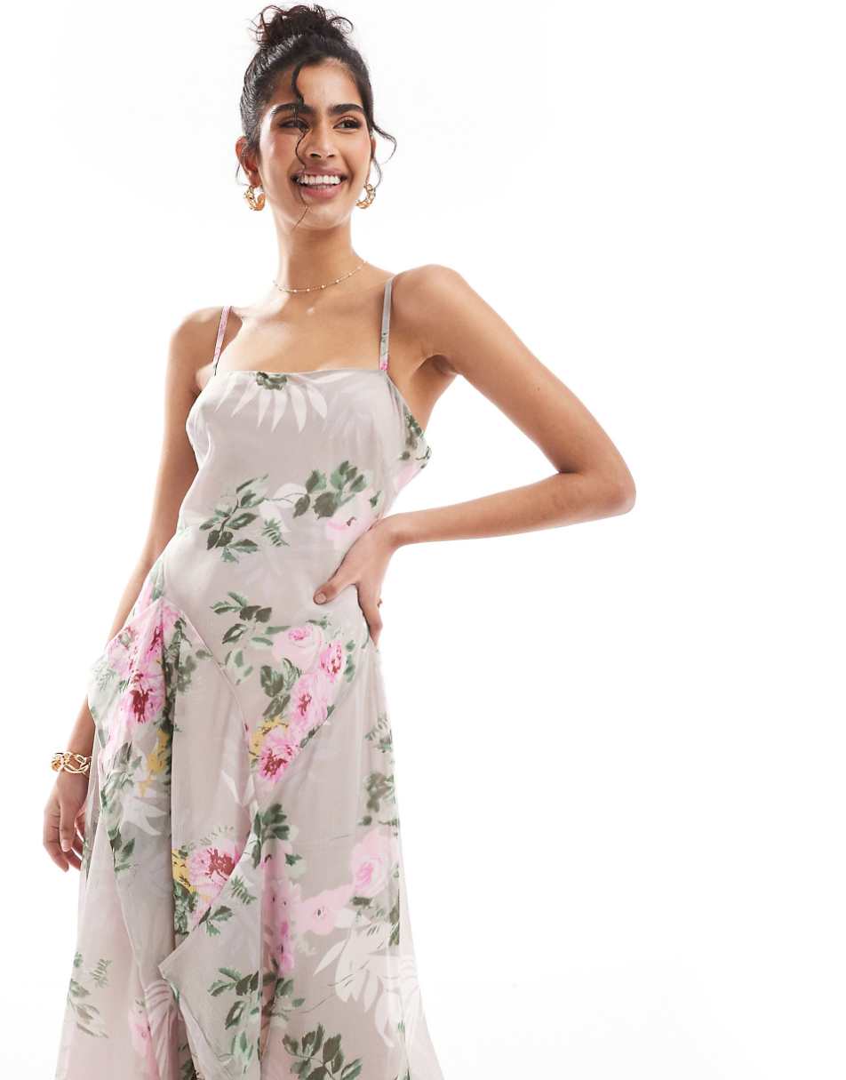 ASOS DESIGN square neck hi low hem slip midi dress in gray floral