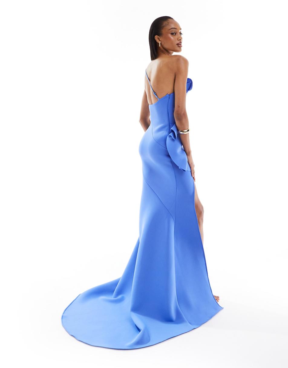 ASOS DESIGN Tall bandeau premium fan detail bodycon maxi dress with train in blue