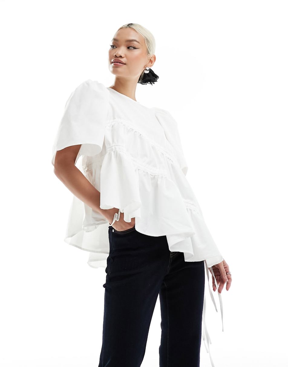 Ghospell asymmetric ruched top in white
